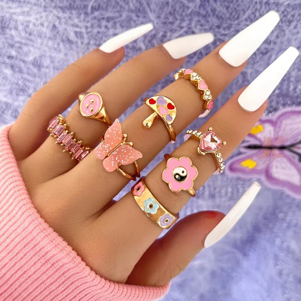 💕 BRAND NEW Y2K pink & gold ring set